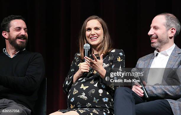 Director Pablo Larrain, actress Natalie Portman and writer Noah Oppenheim attend a panel discussion following the Official Academy Screening of...