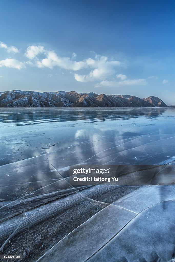 Frozen lake surface. Yunzhou Reservoir, Hebei, China