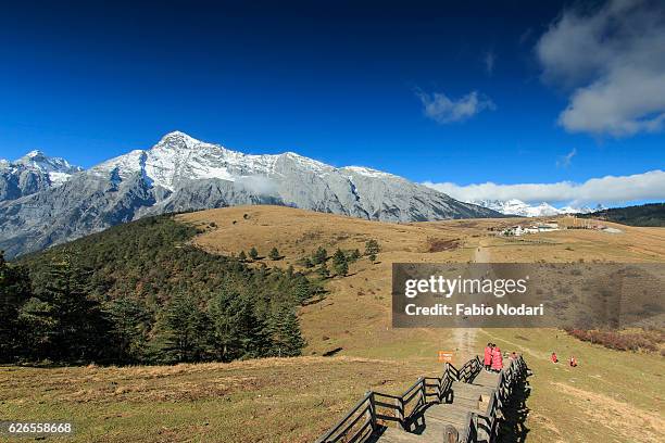 panoramic view of the jade dragon snow mountain in yunnan, china - mosuo china foto e immagini stock