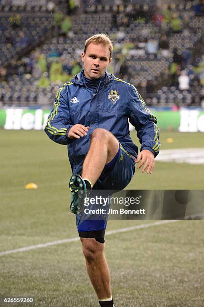 Seattle Sounders defender Chad Marshall warms up before the match in the rain at CenturyLink Field on November 22, 2016 in Seattle, Washington.