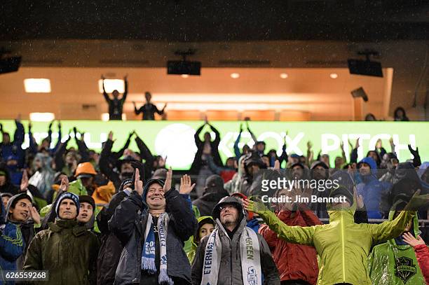 Seattle Sounders fans show their support in the rain at CenturyLink Field on November 22, 2016 in Seattle, Washington.