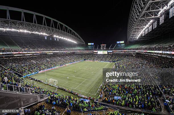 Fans fill CenturyLink Field to support the Seattle Sounders on November 22, 2016 in Seattle, Washington.