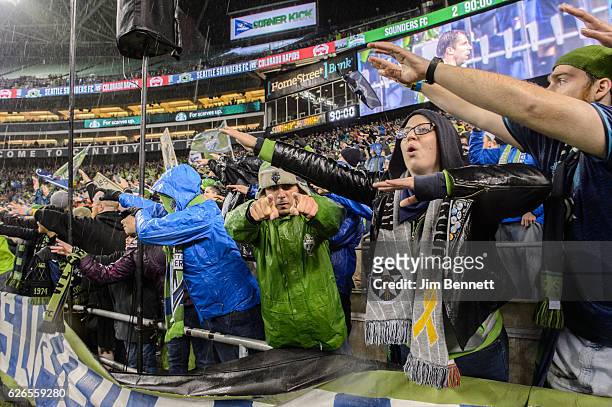 Emerald City Supporters cheer for the Seattle Sounders at CenturyLink Field on November 22, 2016 in Seattle, Washington.