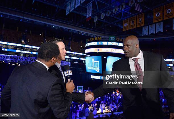 Drew Bledsoe and Shaquille O'Neal speak with press at the 15th Annual Sports Museum Tradition Awards Ceremony at TD Garden on November 29, 2016 in...