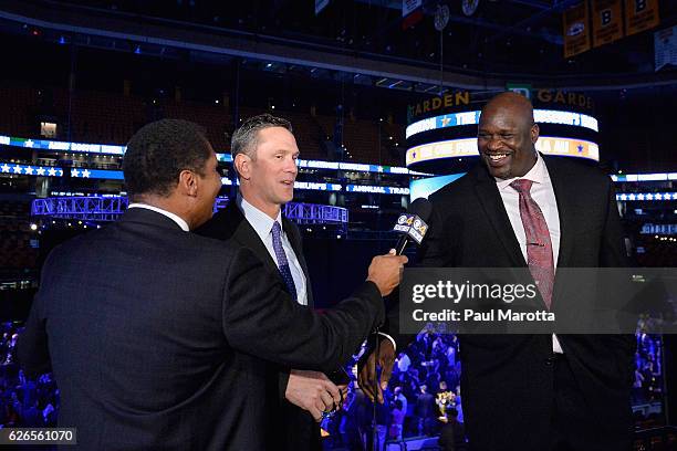 Drew Bledsoe and Shaquille O'Neal speak with press at the 15th Annual Sports Museum Tradition Awards Ceremony at TD Garden on November 29, 2016 in...