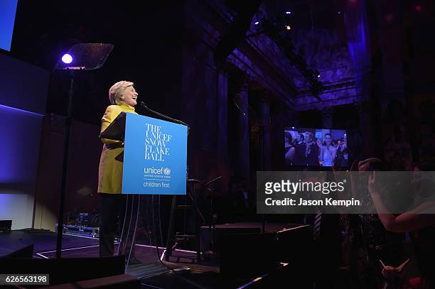 Hillary Clinton speaks on stage during the 12th annual UNICEF Snowflake Ball at Cipriani Wall Street on November 29, 2016 in New York City.