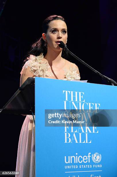 Katy Perry speaks on stage during the 12th annual UNICEF Snowflake Ball at Cipriani Wall Street on November 29, 2016 in New York City.