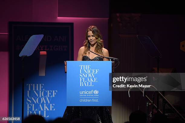 Spirit of Compassion Award Presenter Brooke Burke-Charvet speaks on stage during the 12th annual UNICEF Snowflake Ball at Cipriani Wall Street on...