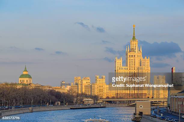 view of the foreign ministry and river in summer, moscow - vikar stock-fotos und bilder