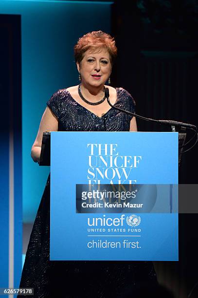 Fund for UNICEF President & CEO Caryl Stern speaks on stage during the 12th annual UNICEF Snowflake Ball at Cipriani Wall Street on November 29, 2016...