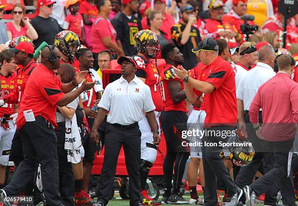 Maryland head coach DJ Durkin during a NCAA football game at Capital One Field at Byrd Stadium, in College Park, Maryland. Maryland defeated Howard...