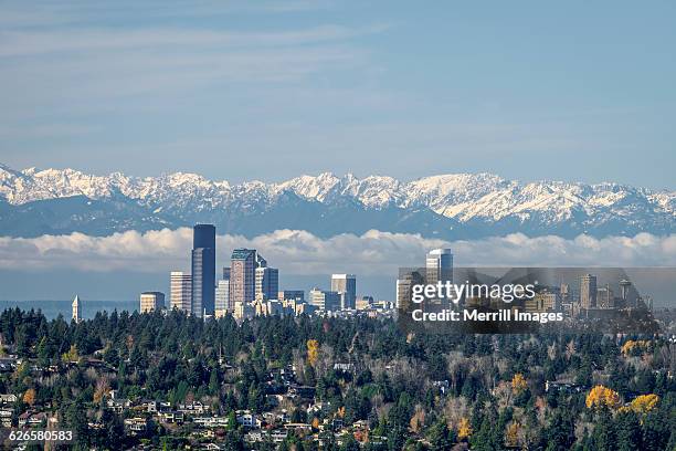 seattle skyline, and olympic mountains. - seattle winter stock pictures, royalty-free photos & images