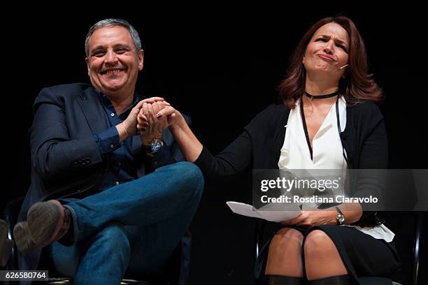 Writer Maurizio De Giovanni and Actress Tosca D'Aquino attend the reading for his novel 'Pane Per I Bastardi Di Pizzofalcone' at Teatro Diana on...