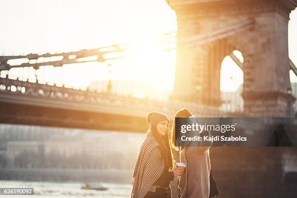 freunde bei chain bridge - chain bridge suspension bridge stock-fotos und bilder