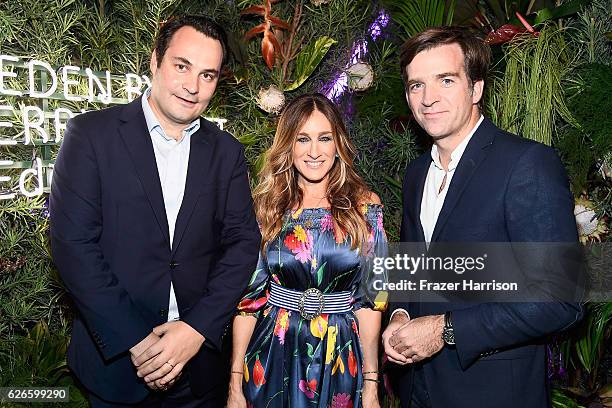 Perrier-Jouet Global Brand Director Tim Croizat, Sarah Jessica Parker and Marketing Director Charles-Armand de Belenet attend the L'Eden By...