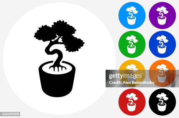 bonsai tree icon on flat color circle buttons - small plant pot stock illustrations