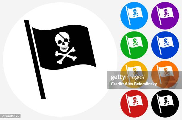 piraten-flagge-symbol auf flachen farbkreis-tasten - pirate flag stock-grafiken, -clipart, -cartoons und -symbole