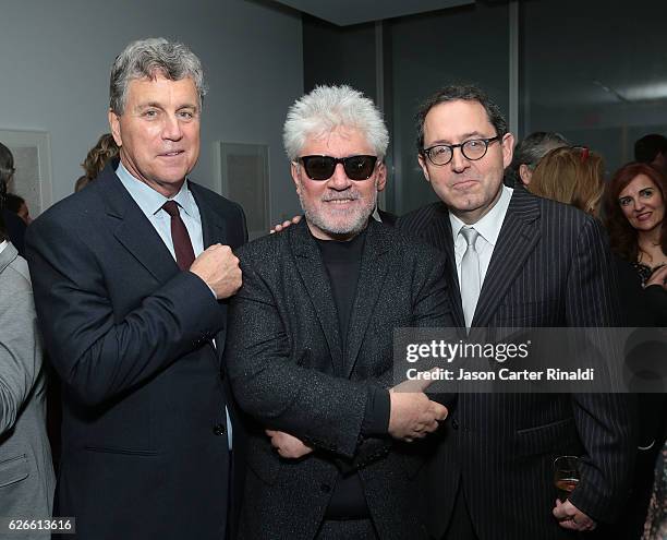 Tom Bernard, director Pedro Almodovar and Michael Barker attend the Pedro Almodovar Retrospective Opening Night at the Museum of Modern Art on...