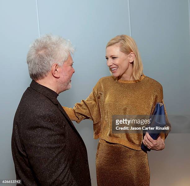 Director Pedro Almodovar and actress Cate Blanchett attend the Pedro Almodovar Retrospective Opening Night at the Museum of Modern Art on November...