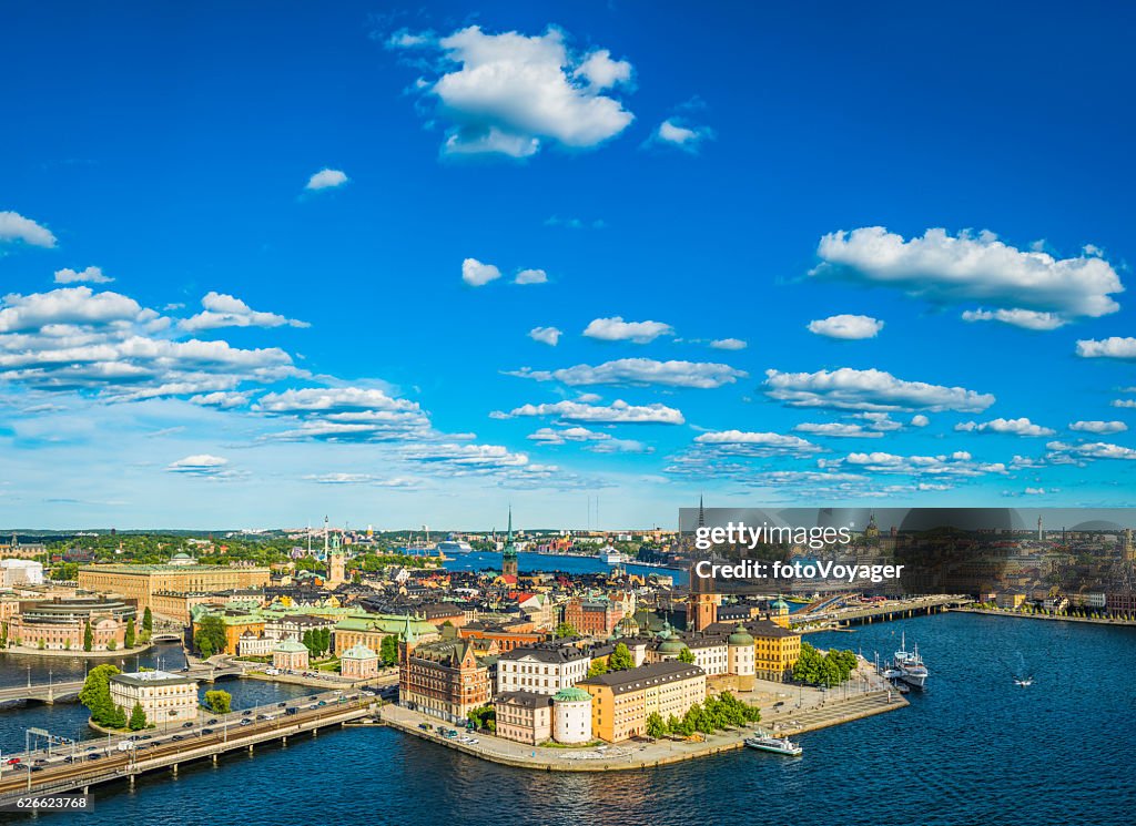 Stockholm aerial view over Gamla Stan spires summer harbour Sweden