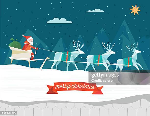 abstract polygonal illustration of santa sleigh in snowy roof - polygon illustration christmas stock illustrations