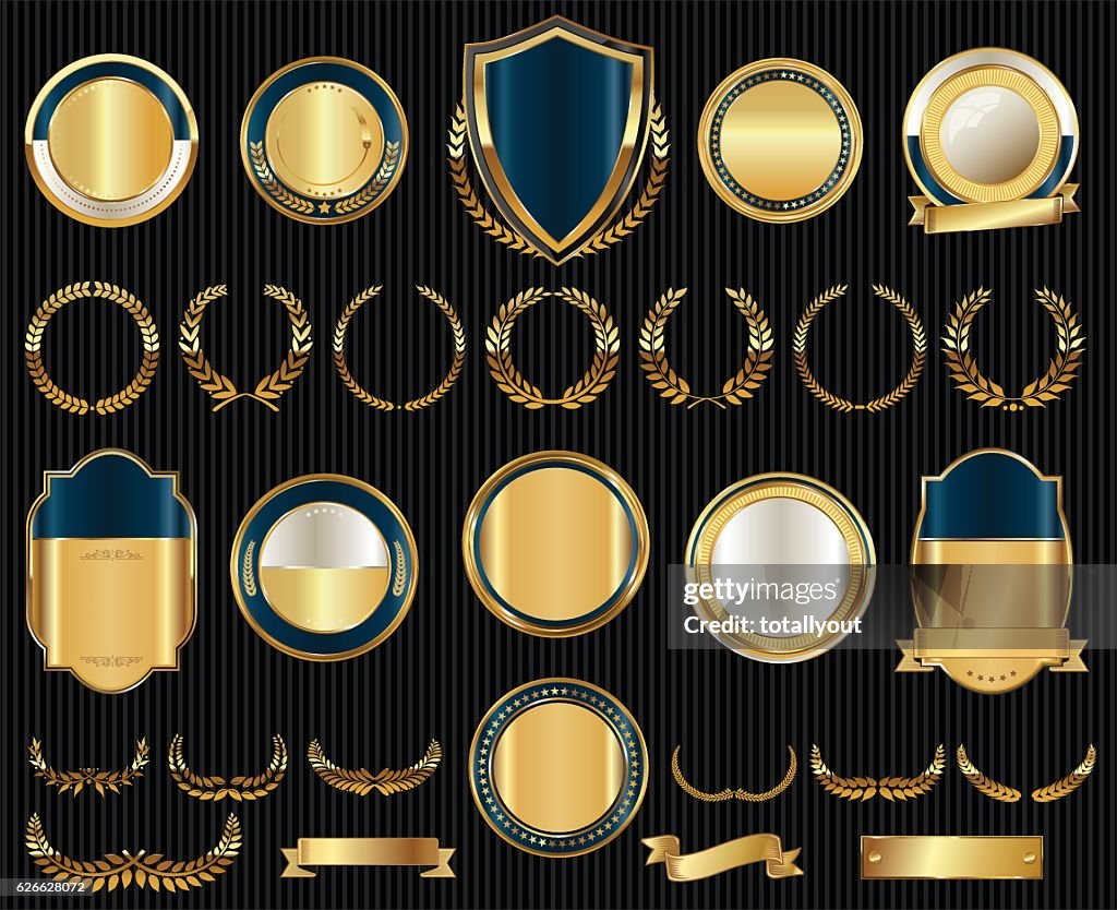 Vector medieval golden shields laurel wreaths and badges collection