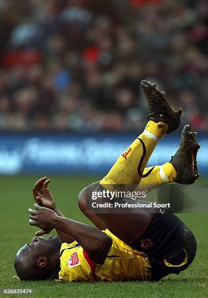 Danny Shittu of Watford in despair after scoring an own-goal during the Coca-Cola Championship match between Charlton Athletic and Watford, played at...