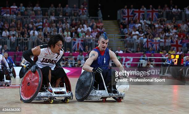 Action during the Men's Pool Phase Group A wheelchair rugby match between Great Britain and Japan on day 9 of the London 2012 Paralympic Games at the...