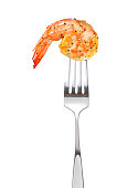 Cooked shrimp on fork