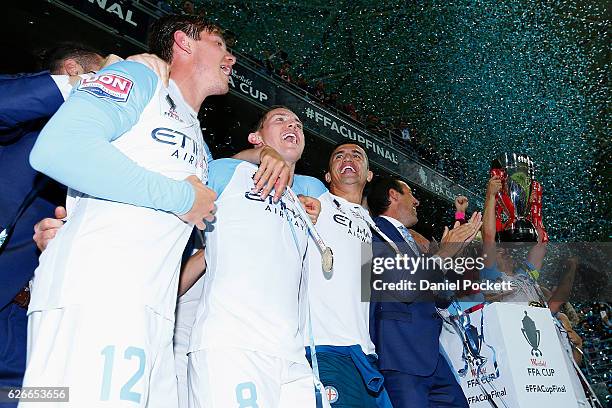 Melbourne City celebrate after winning the FFA Cup Final match between Melbourne City FC and Sydney FC at AAMI Park on November 30, 2016 in...