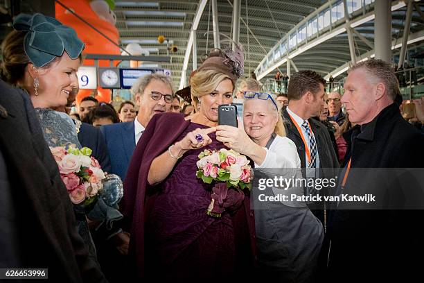 Queen Mathilde of Belgium and Queen Maxima of the Netherlands visit the new Utrecht Central station and travel by Dutch Royal Train on November 30,...