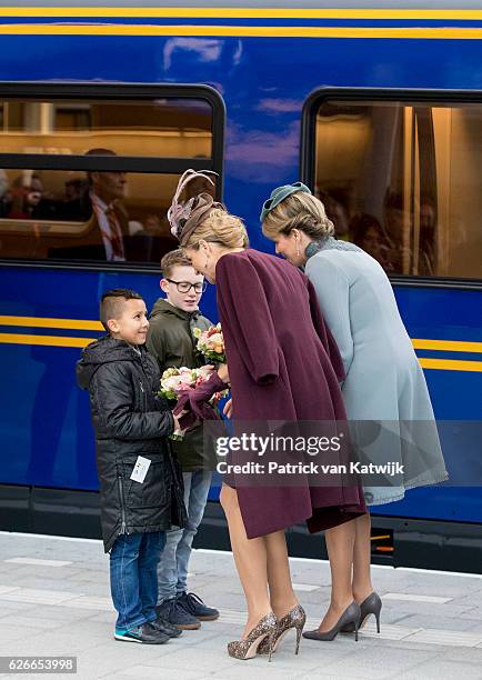 Queen Mathilde of Belgium and Queen Maxima of the Netherlands visit the new Utrecht Central station and travel by Dutch Royal Train on November 30,...