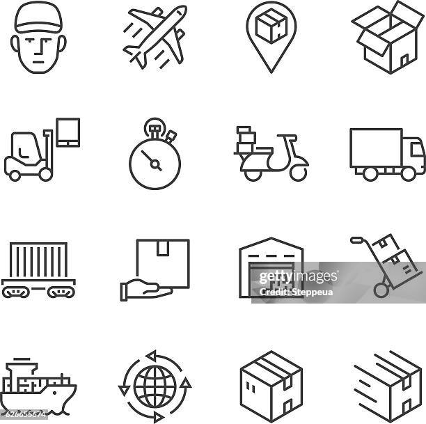 logistics thin line icons - cardboard box stock illustrations