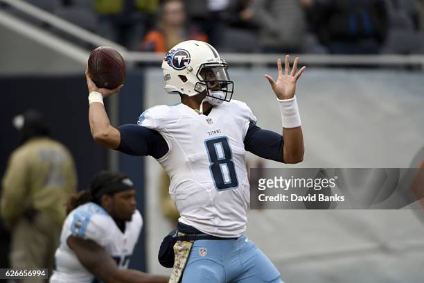 Marcus Mariota of the Tennessee Titans warms up before the game against the Chicago Bears on November 27, 2016 at Soldier Field in Chicago, Illinois.