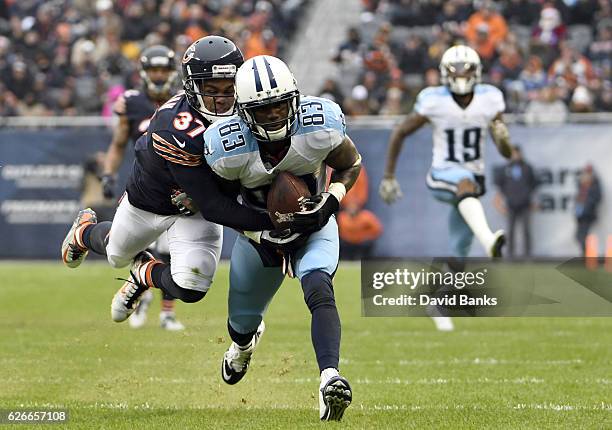 Harry Douglas of the Tennessee Titans is tackled by Bryce Callahan of the Chicago Bears during the third quarter on November 27, 2016 at Soldier...