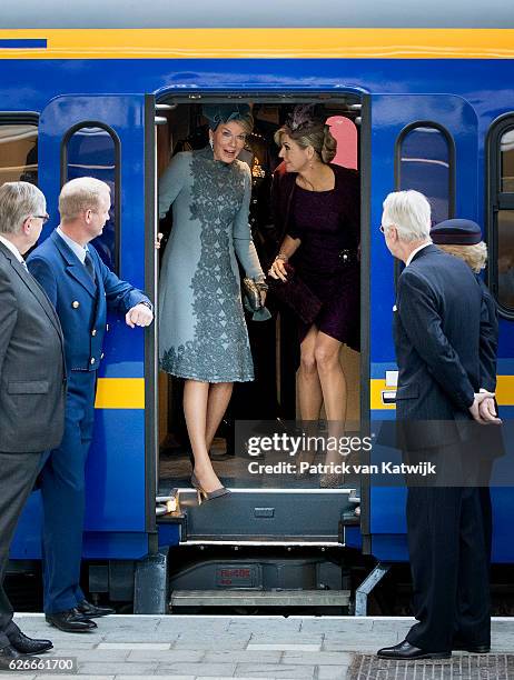 Queen Mathilde of Belgium and Queen Maxima of the Netherlands visit the new Utrecht Central station and travel by Dutch Royal Train on November 30,...