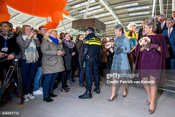 Queen Mathilde of Belgium and Queen Maxima of the Netherlands visit the new Utrecht Central station and travel by Dutch Royal Train on November 30,...