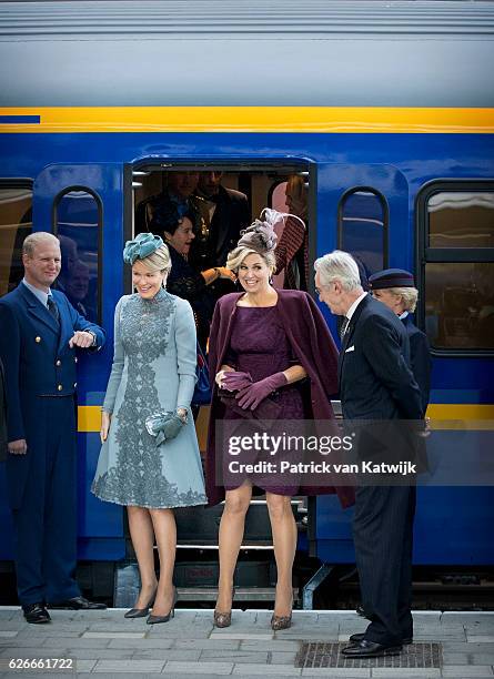 Queen Mathilde of Belgium and Queen Maxima of the Netherlands visit the new Utrecht Central station and travel by Dutch Royal Train on November 30,...