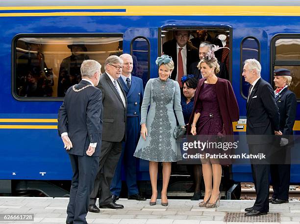 Queen Mathilde of Belgium and Queen Maxima of the Netherlands visit the new Utrecht Central station and travel by Dutch Royal Train on November 30,...