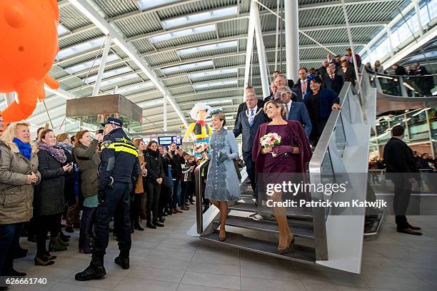 Queen Mathilde of Belgium and Queen Maxima of the Netherlands visit the new Utrecht Central station and travel by Dutch Royal Train on November 30,...