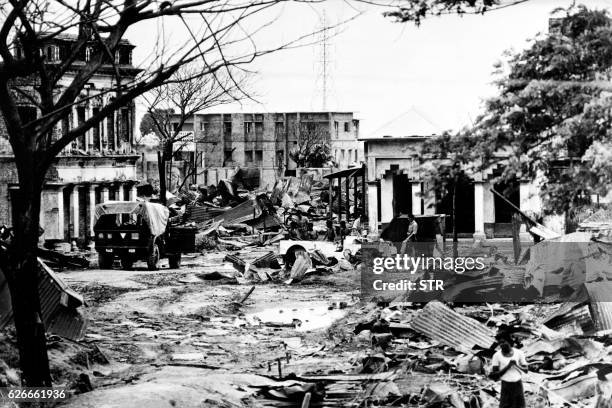 Picture taken on July 24, 1971 of the destroyed streets of Madhabpur during the Indo-Pakistani War of 1971. This war between East Pakistan and India...