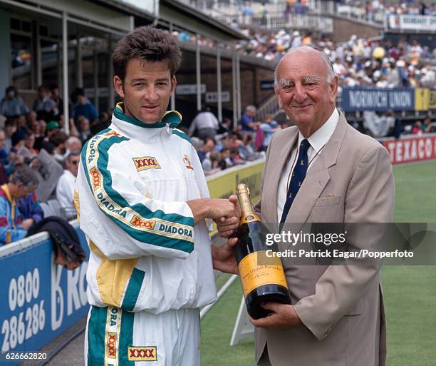 Man of the Match Mark Waugh of Australia receives his award from Brian Johnston after the 5th Test match between England and Australia at Edgbaston,...