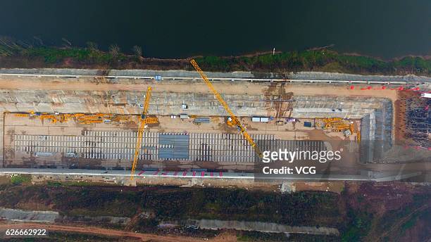 Aerial view of the keel of a replica of Titanic on November 30, 2016 in Suining, Sichuan Province of China. The Sinking of Titanic Keel Laying...
