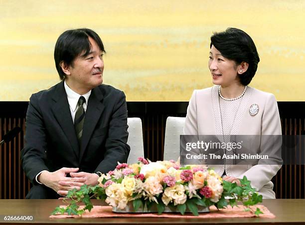 Prince Akishino and Princess Kiko of Akishino attend a press conference ahead of Prince's 51st birthday at his home on November 22, 2016 in Tokyo,...