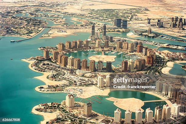 the pearl of doha in qatar aerial view - qatar stock pictures, royalty-free photos & images