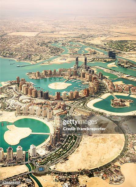 the pearl of doha in qatar aerial view - doha desert stock pictures, royalty-free photos & images