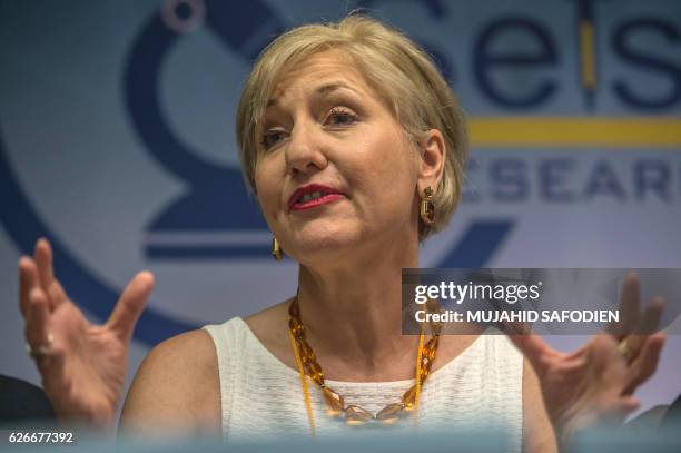 Glenda Gray, president of the country's Medical Research Council, speaks to the press on on November 30, 2016 in Shoshaguve, near Pretoria, as South...