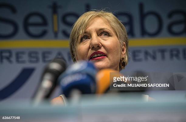 Glenda Gray, president of the country's Medical Research Council, speaks to the press on November 30, 2016 in Shoshaguve, near Pretoria, as South...