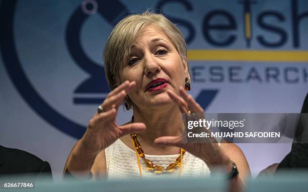 Glenda Gray, president of the country's Medical Research Council, speaks to the press on November 30, 2016 in Shoshaguve, near Pretoria, as South...