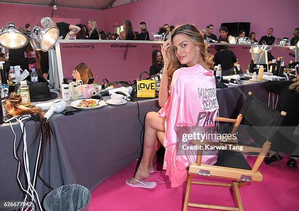 Barbara Fialho has her Hair & Makeup done prior to the 2016 Victoria's Secret Fashion Show at the Grand Palais on November 30, 2016 in Paris, France.